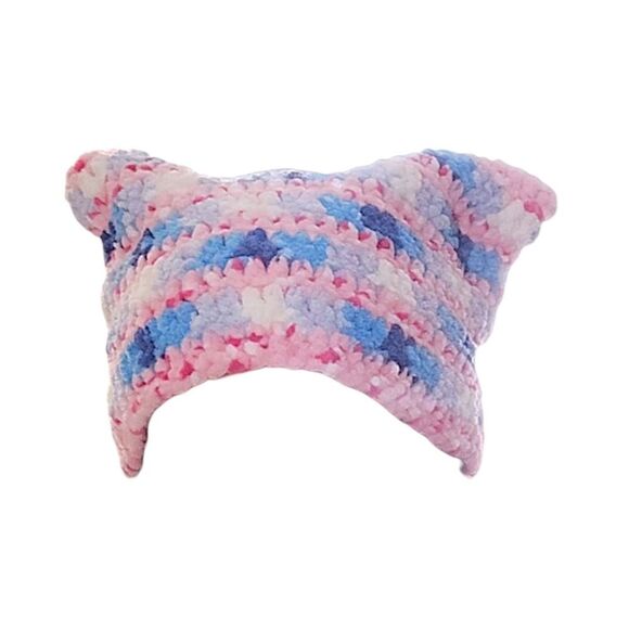 Handmade Pink Blue White Crochet Cat Ear Beanie Hat NEW - Picture 3 of 12